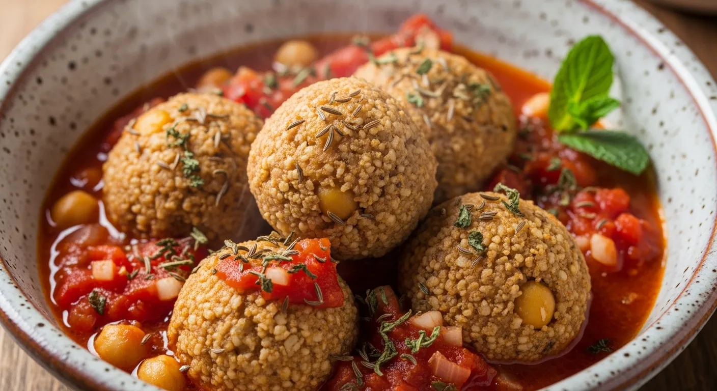 Boulettes Tunisiennes Pois Chiches Boulgour : Sauce Tomate au Carvi et Menthe Séchée