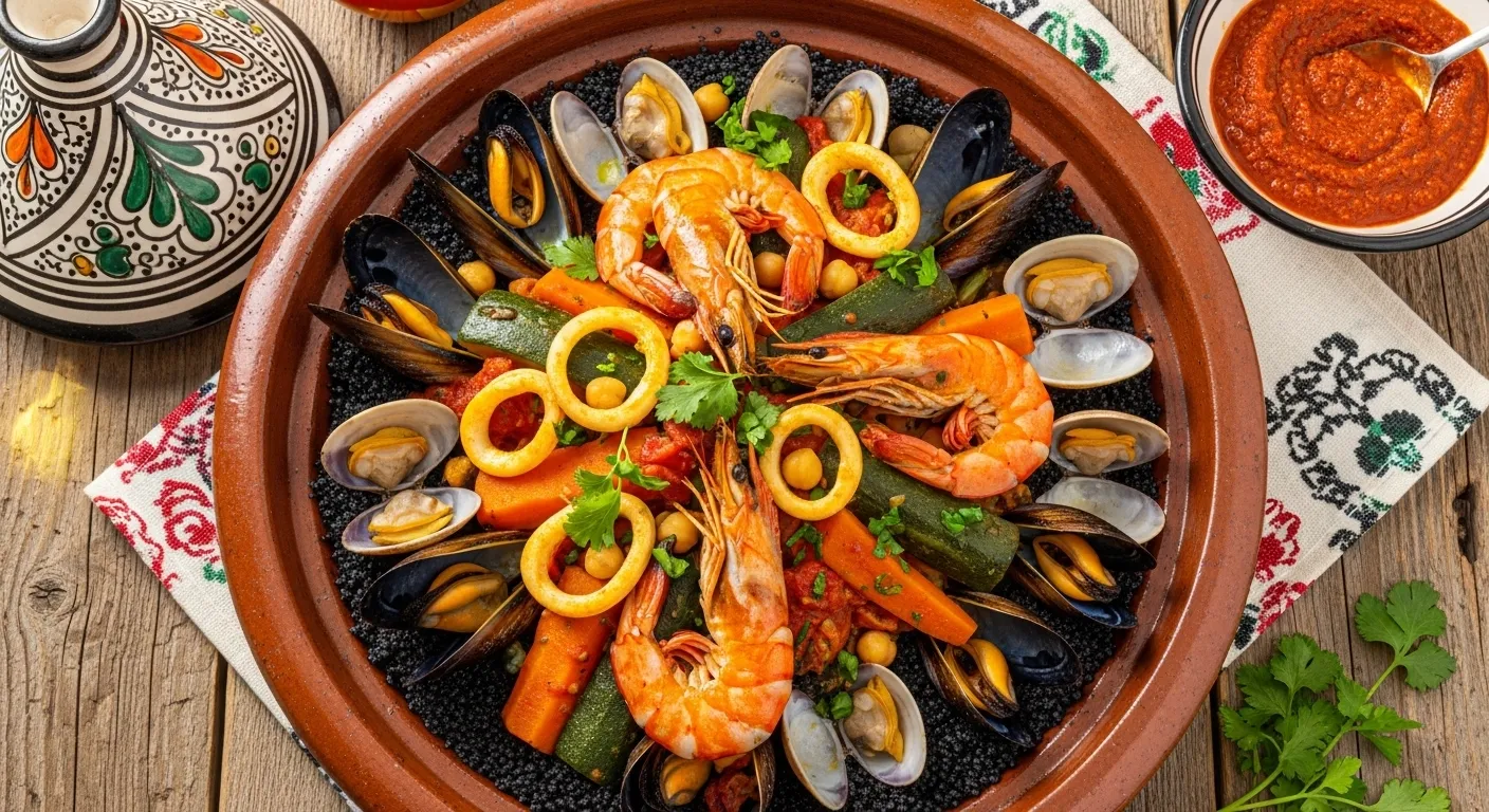 Couscous El Hamoum aux Fruits de Mer et à l&amp;#039;Encre de Seiche - Recette Algérienne Authentique