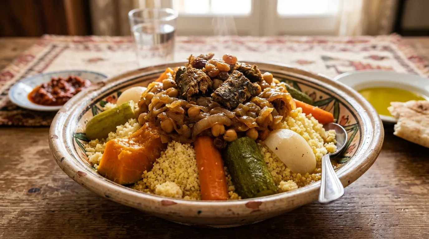 Couscous Libyen au Kli&amp;#039;i : Recette Authentique au Poisson Séché et Oignons Confits