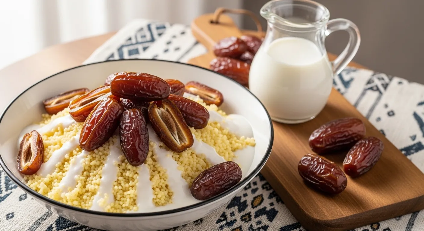 Couscous Libyen Saikouk au Lben de Chèvre et Dattes Fraîches