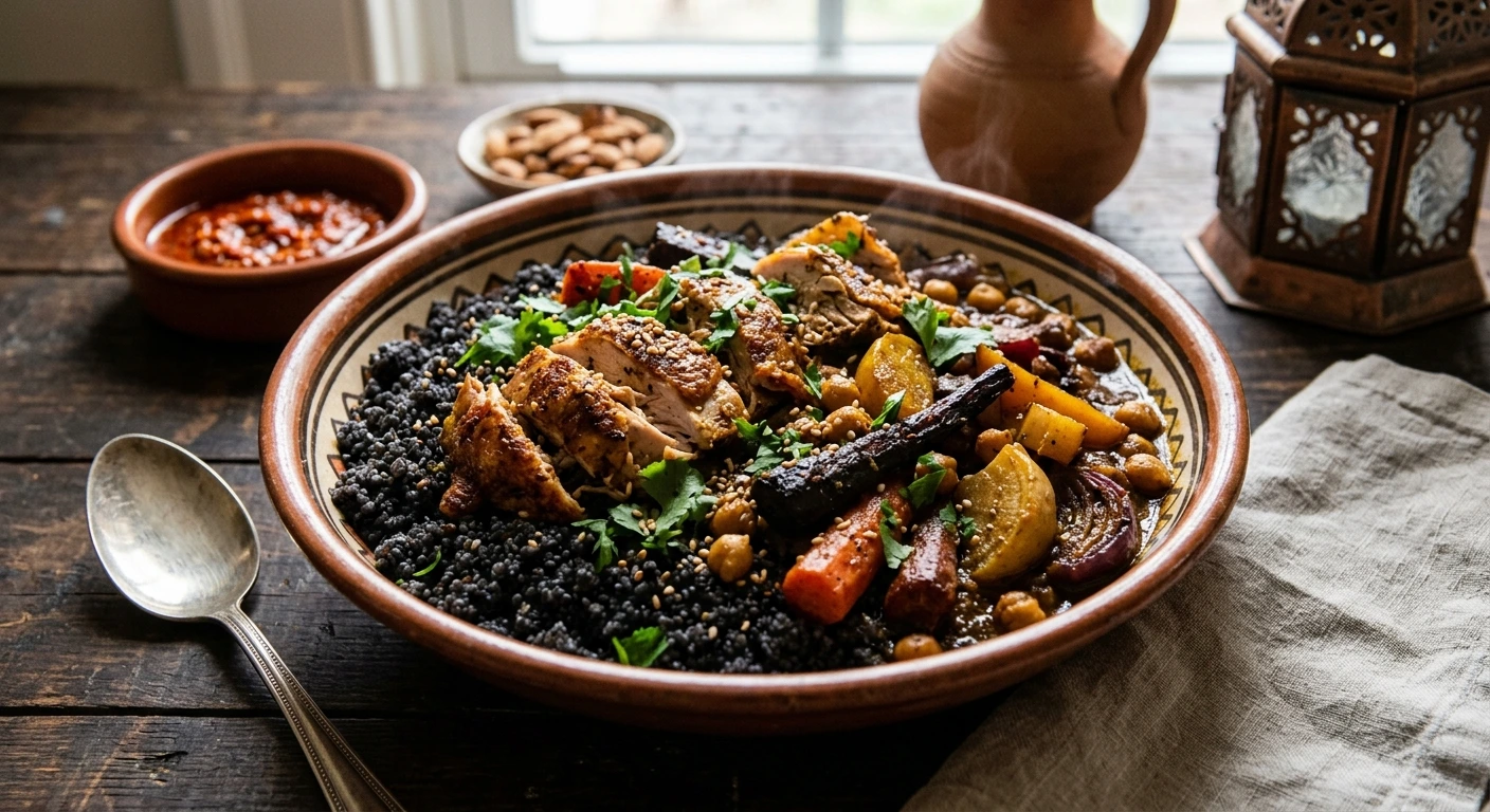 Couscous Noir au Poulet Fumé et Légumes Racines : Recette Algérienne Authentique