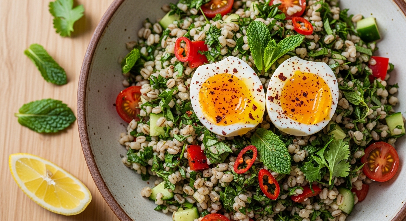 Couscous d’Orge Perlé aux Herbes Sauvages et Œufs Mollets – Recette Tunisienne Végétarienne