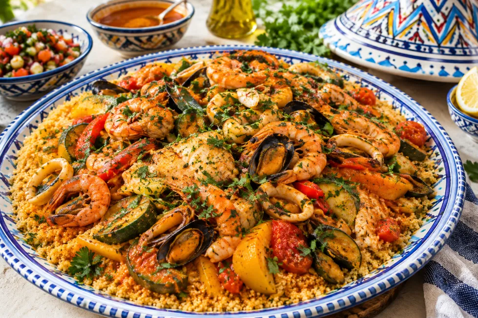 Couscous Tunisien aux Fruits de Mer et Légumes d&amp;#039;Été : Recette Authentique