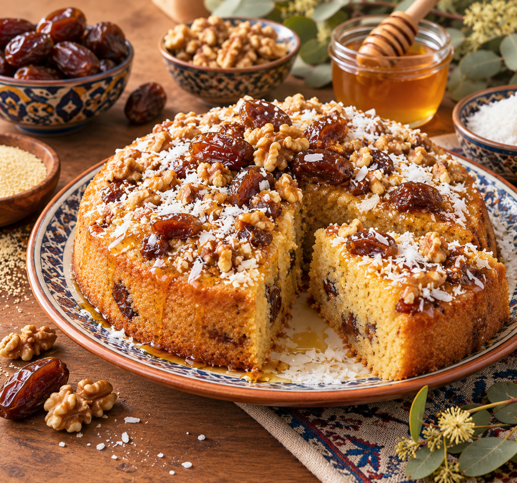 Gâteau de Semoule aux Dattes, Noix de Coco et Miel d&amp;#039;Eucalyptus – Recette Algérienne
