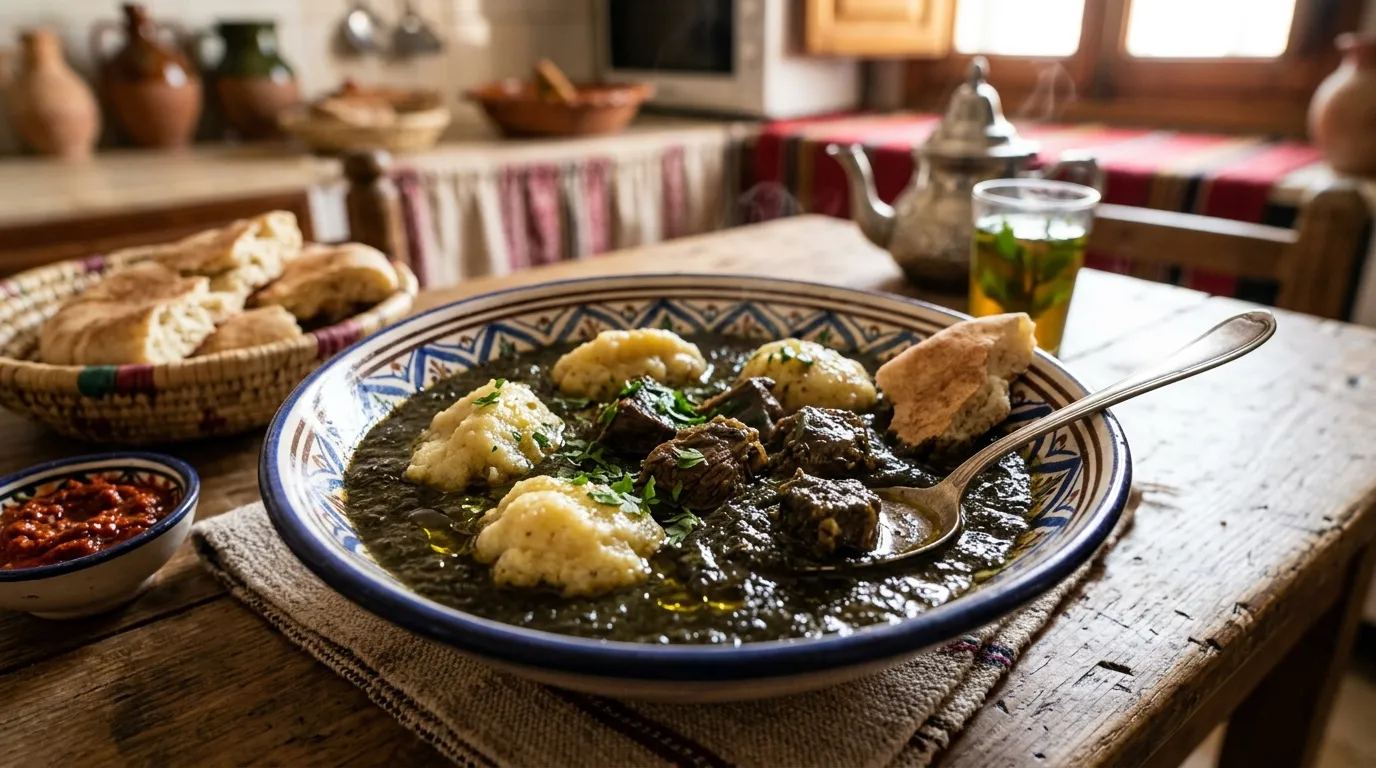 Mloukhiya aux Boulettes de Semoule et Viande de Chameau - Recette Tunisienne Authentique