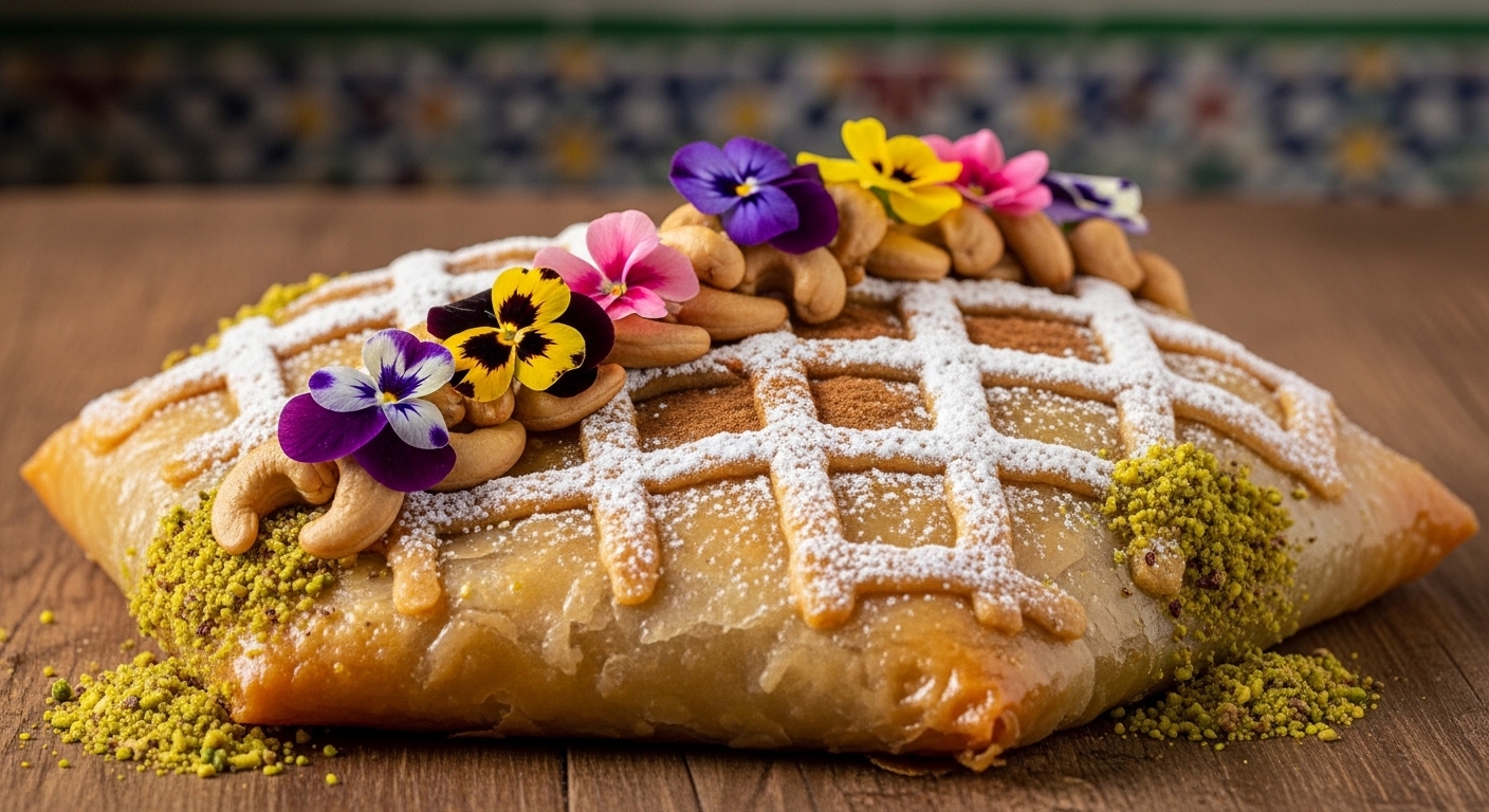 Pastilla Marocaine Sucrée aux Noix de Cajou et Fleurs Comestibles