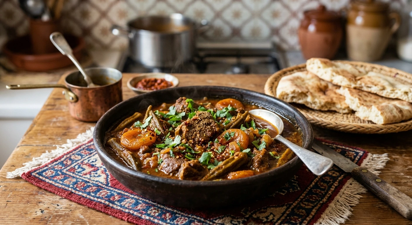 Ragoût d&amp;#039;Agneau aux Abricots Secs et Gombos Séchés (Bamia) – Recette Libyenne Authentique