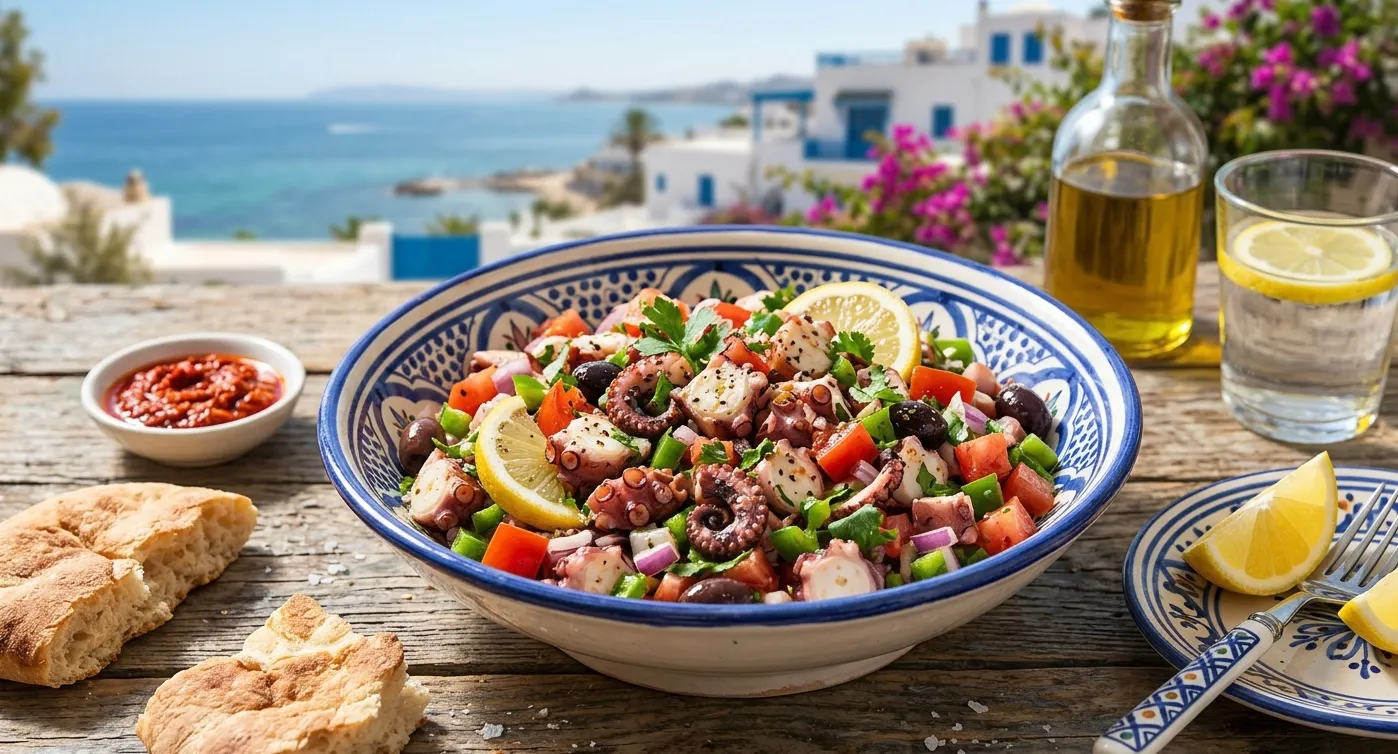 Salade de poulpe tunisienne traditionnelle aux tomates et olives