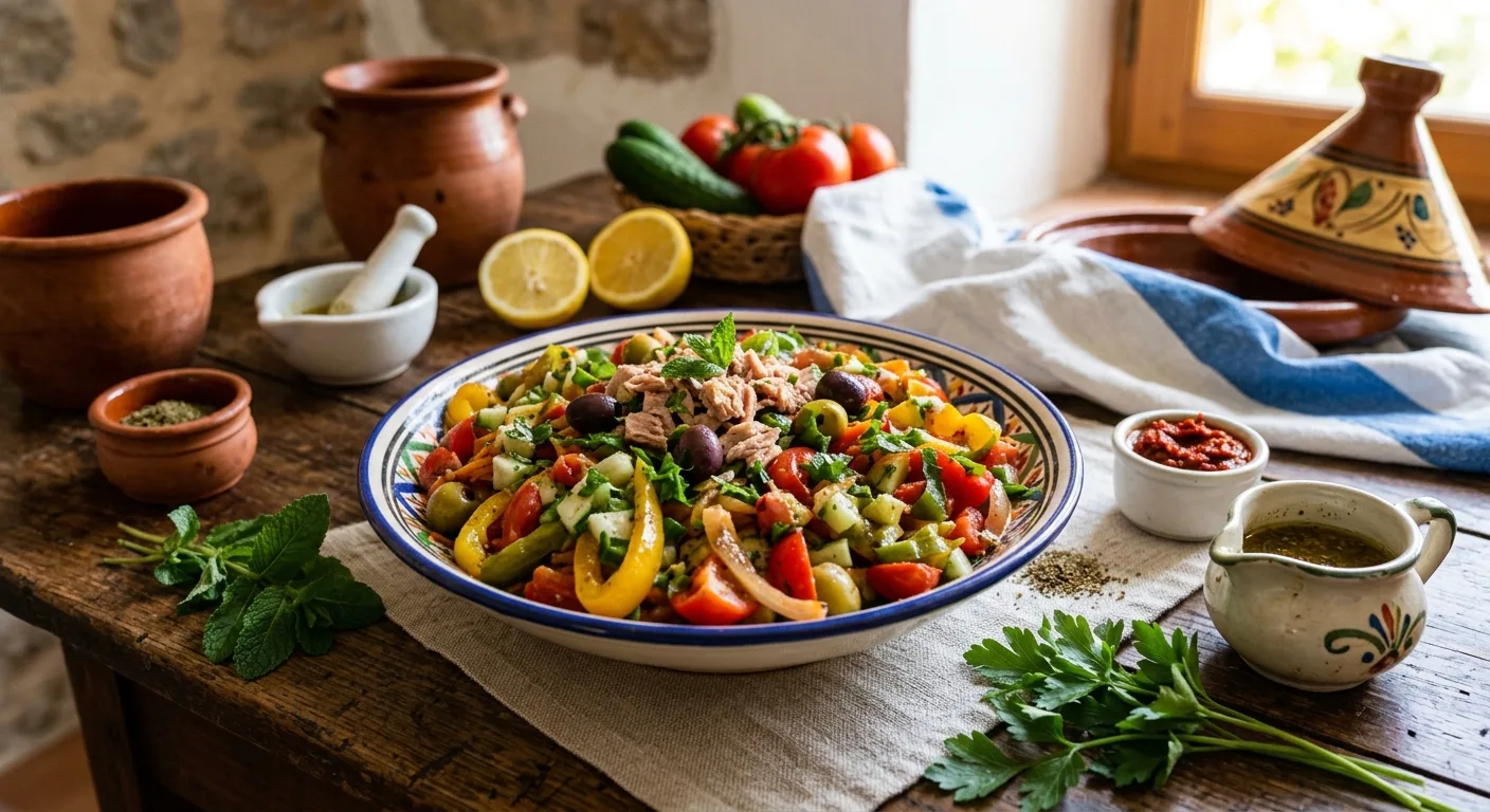 Salade Tunisienne Fraîcheur : Concombre, Tomates Cerises et Carottes, Sauce Citronnée au Cumin