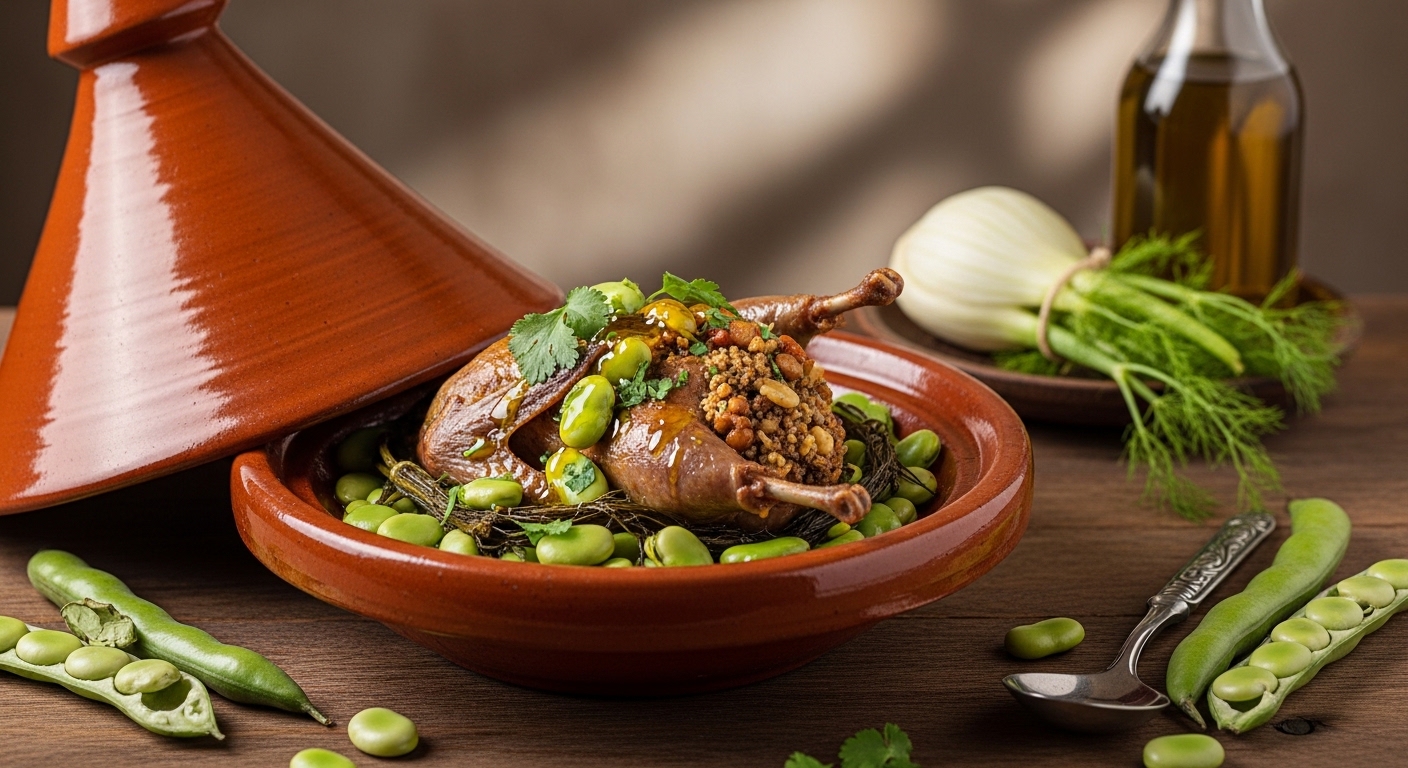Tagine de Pigeon Farci aux Fèves Fraîches et Fenouil Sauvage