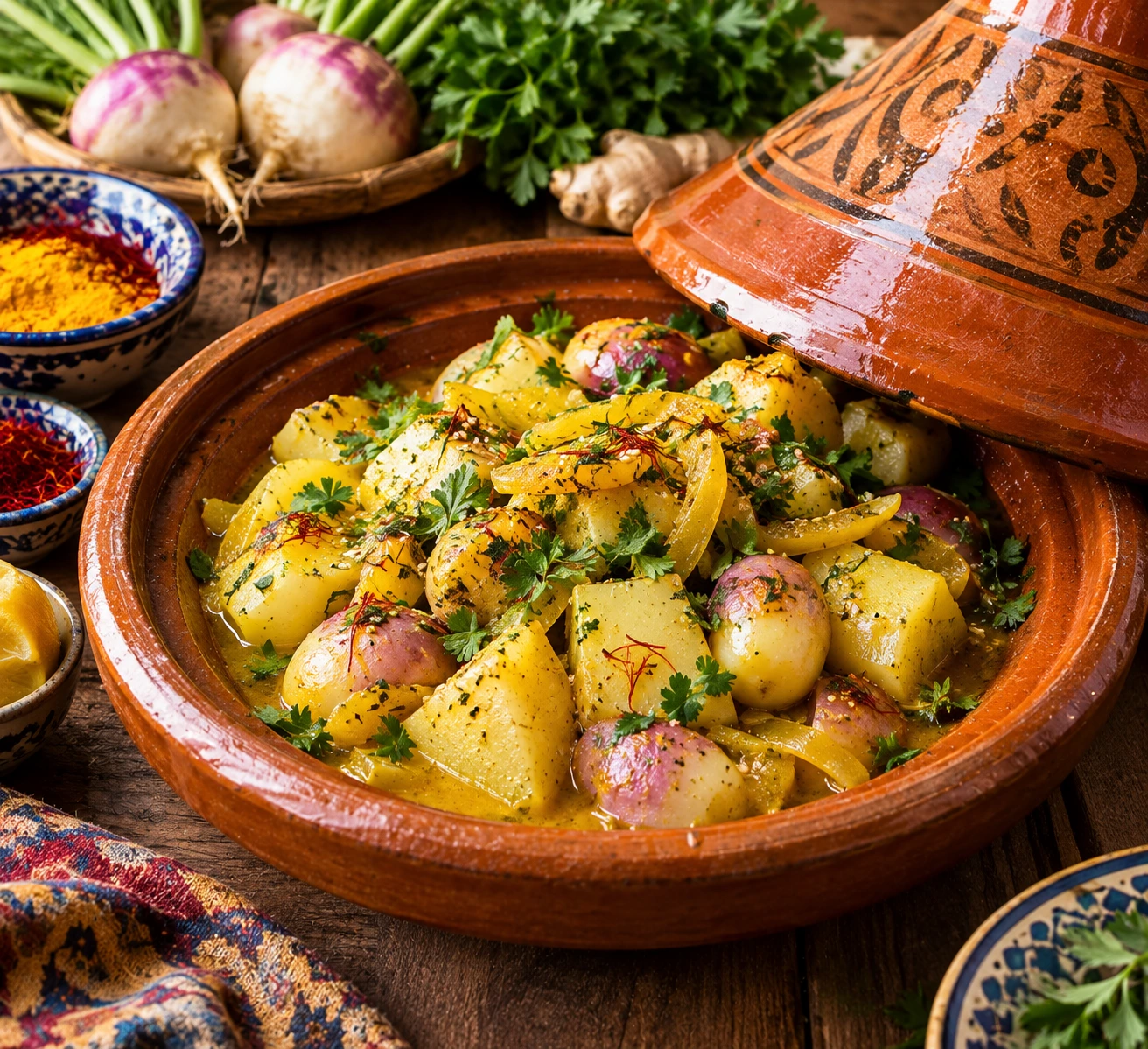Tajine de Chou-Rave et Navets Nouveaux au Safran et Gingembre Confit : Recette Marocaine Végétarienne