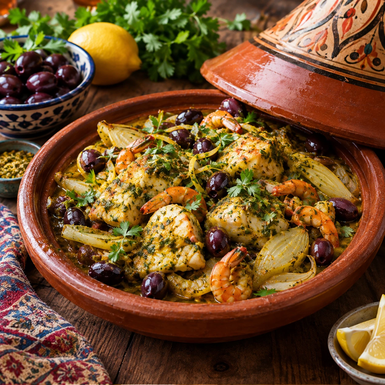Tajine de Lotte et Gambas à la Chermoula, Fenouil Confit et Olives Violettes – Recette Marocaine Authentique