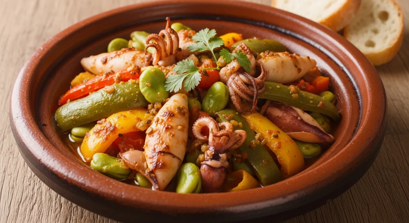 Tajine Tunisien aux Calamars, Seiche et Fèves Fraîches : Recette Authentique et Facile